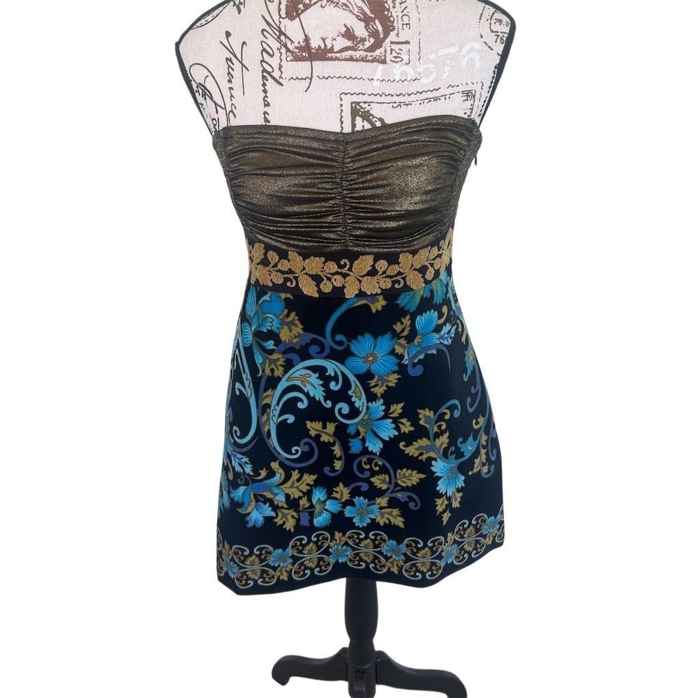 Free People Strapless Black Dress with Blue Floral and Gold Accents